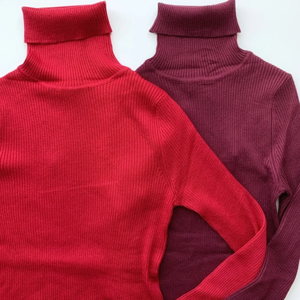 RED SLIM FIT RIBBED TURTLENECK TOP - Picture 2 of 14